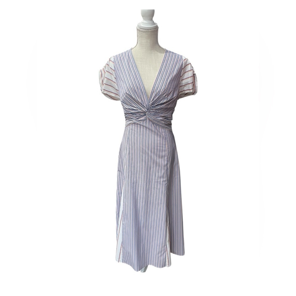 Shoshanna Avalynn V-Neck Striped Midi Dress Blue Pink White Women’s size 12 New